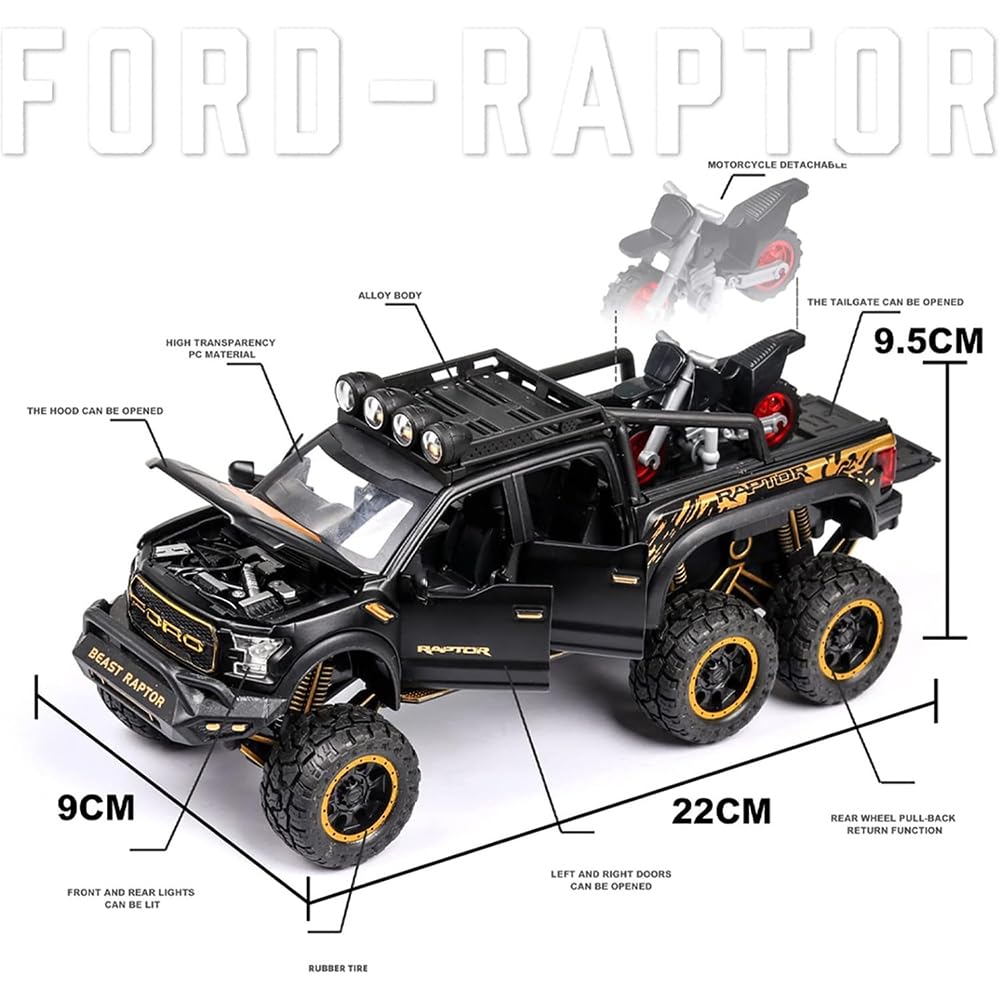 RELOSTA Exclusive 1:24 Raptor Toy Car Metal Diecast Car for Kids Pull Back Die Cast Metal Pullback Toy car with Openable Doors Light Music Boys Gifts Toys