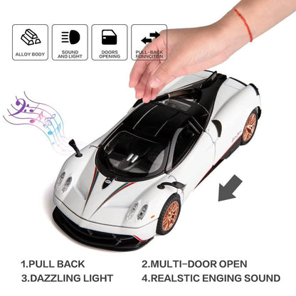 RELOSTA 1:24 Alloy Die Cast Metal Car Model Huayra Alloy Diecast Scale Metal Car with Sound Light Openable Door Pullback Toy Car for Kids Best Gifts Toys for Boys