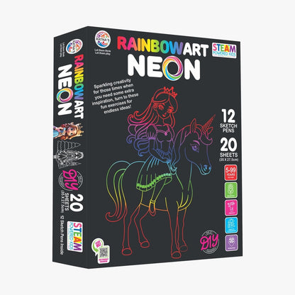 RELOSTA RainbowArt Neon Colors Creative Coloring Kit with 20 Sheets and 12 Sketch Pens, 35x27.5cm Sheets - Creative Coloring Fun for All Ages