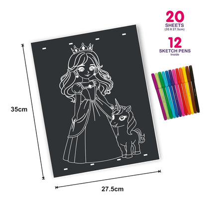 RELOSTA RainbowArt Neon Colors Creative Coloring Kit with 20 Sheets and 12 Sketch Pens, 35x27.5cm Sheets - Creative Coloring Fun for All Ages