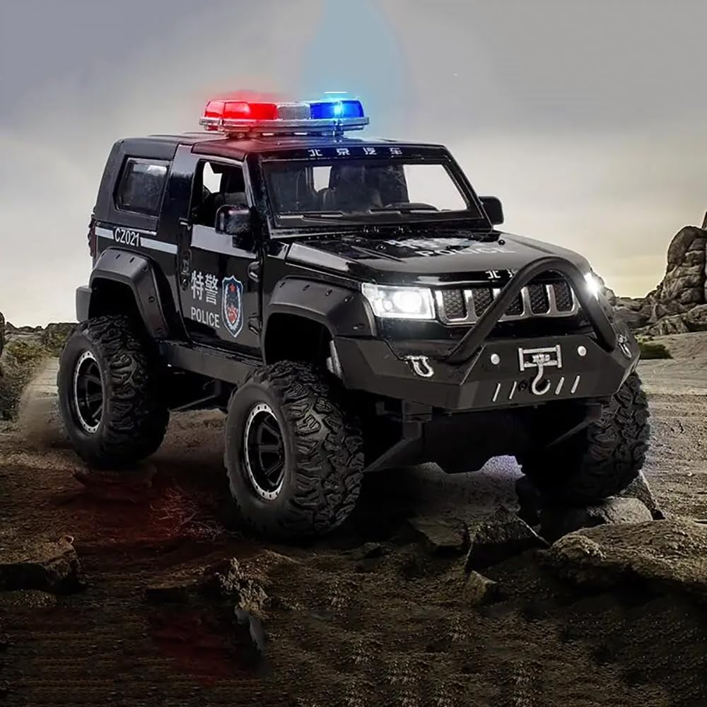 RELOSTA 1:32 Diecast Jeep Police Toy Car For Kids Car Pullback Die Cast Metal Car Pull Back Toy Car With Openable Doors Light Music Boys Gifts Toys For Kids, Multicolor