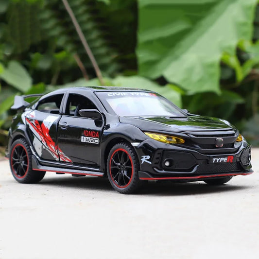 Diecast Metal Car 1:32 Civic Type R Die Cast Metal Toy Car Scale Model Car Light Sound Pullback Openable Door Car for Kids