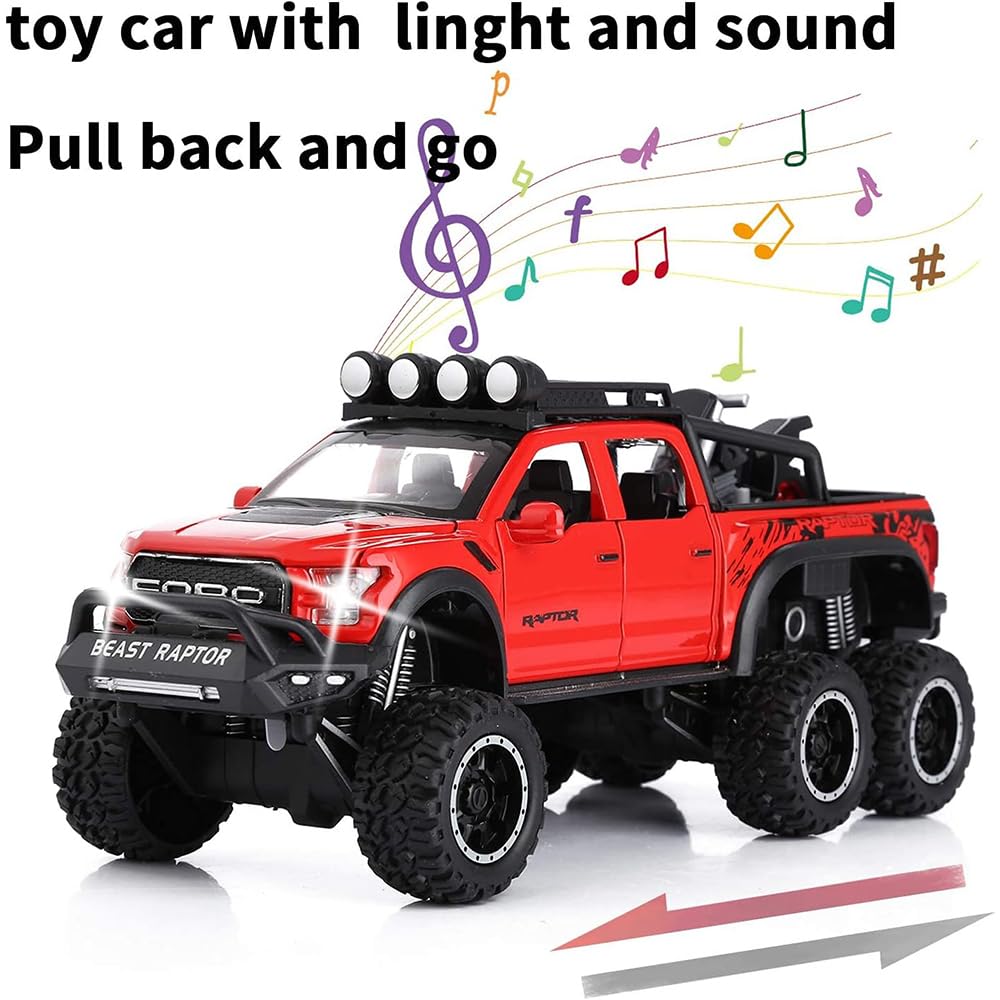 RELOSTA Exclusive 1:24 Raptor Toy Car Metal Diecast Car for Kids Pull Back Die Cast Metal Pullback Toy car with Openable Doors Light Music Boys Gifts Toys