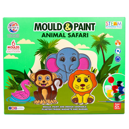 RELOSTA Mould and Paint Animal Safari DIY Kit, Create Adorable Fridge Magnets & Badges, 6 Moulds with Plaster, Art and Craft Kit for Ages 5+