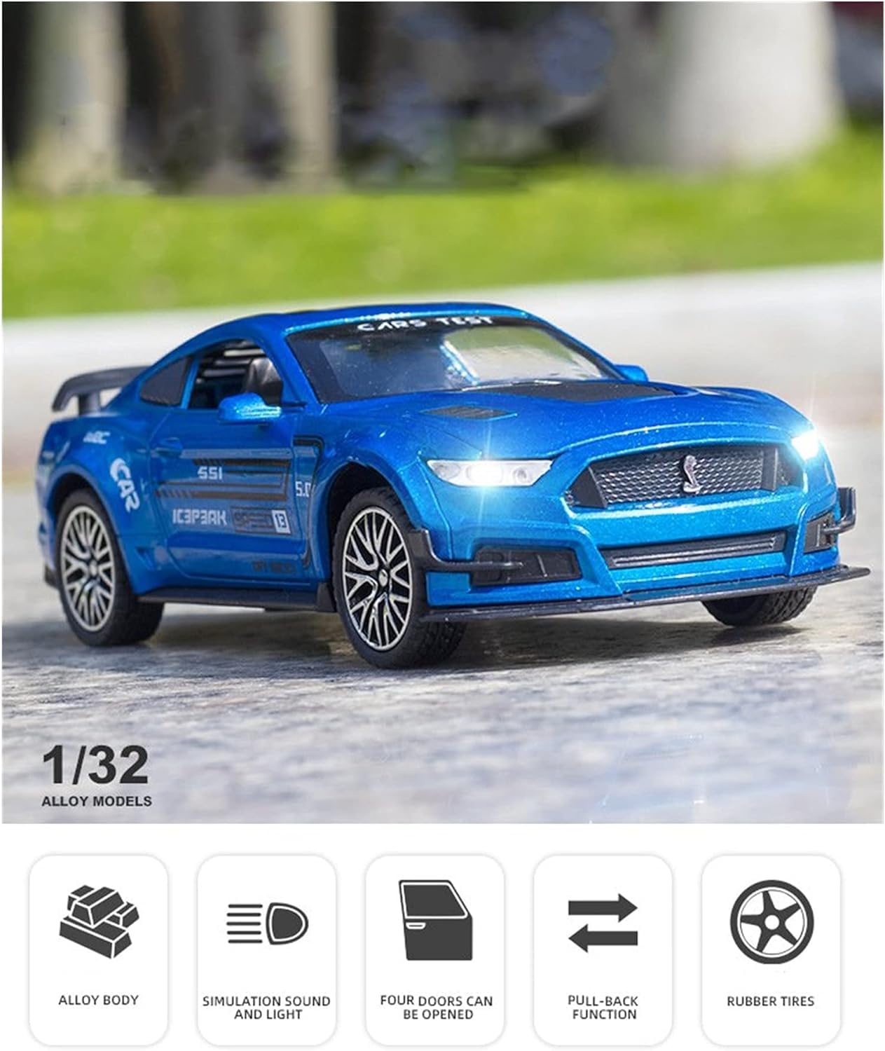 RELOSTA 1:32 Mustang Die Cast Metal Car Scale Model Alloy Diecast Metal Car with Light Sound Openable Door Pullback Toy Car for Kids Best Gifts Toys for Boys