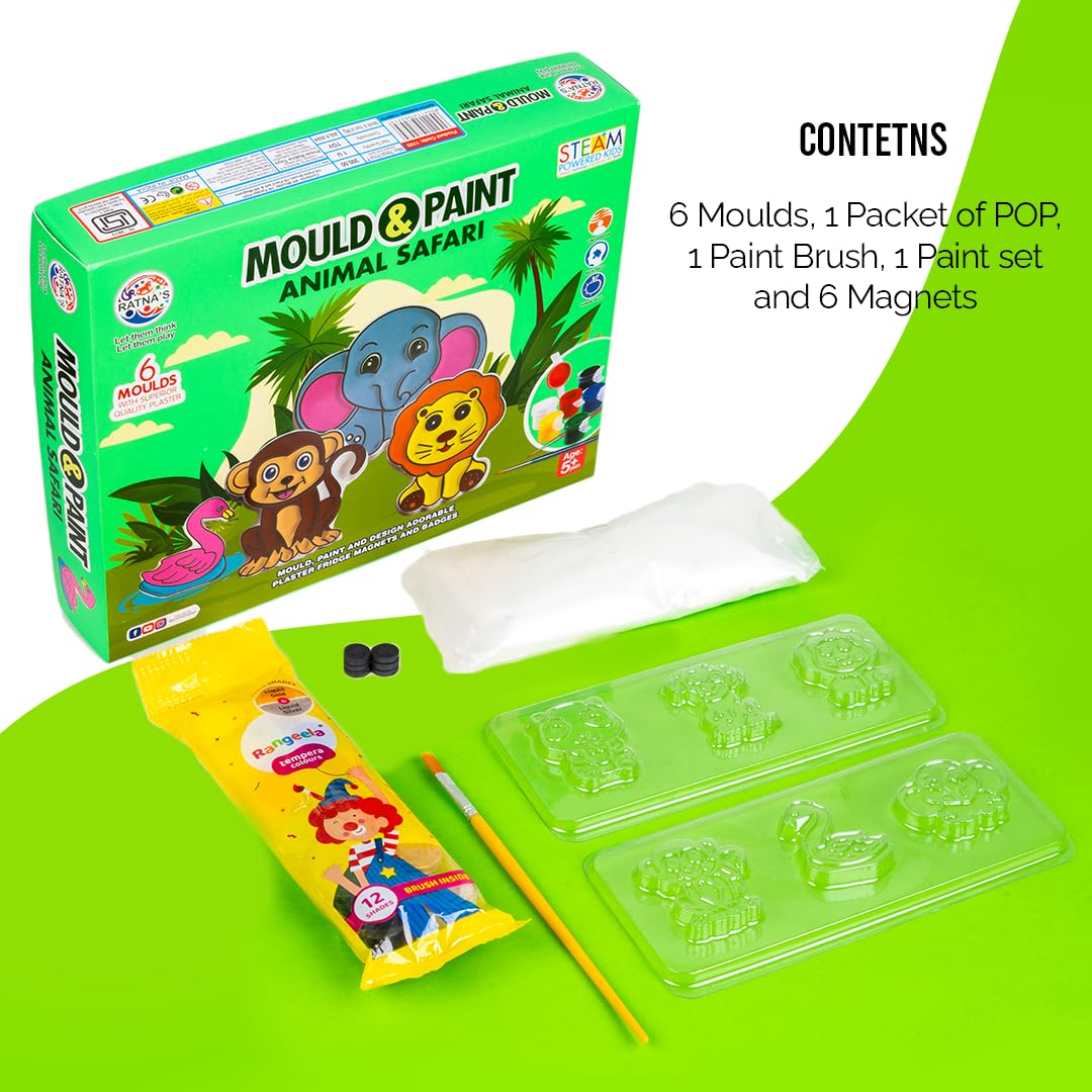 RELOSTA Mould and Paint Animal Safari DIY Kit, Create Adorable Fridge Magnets & Badges, 6 Moulds with Plaster, Art and Craft Kit for Ages 5+