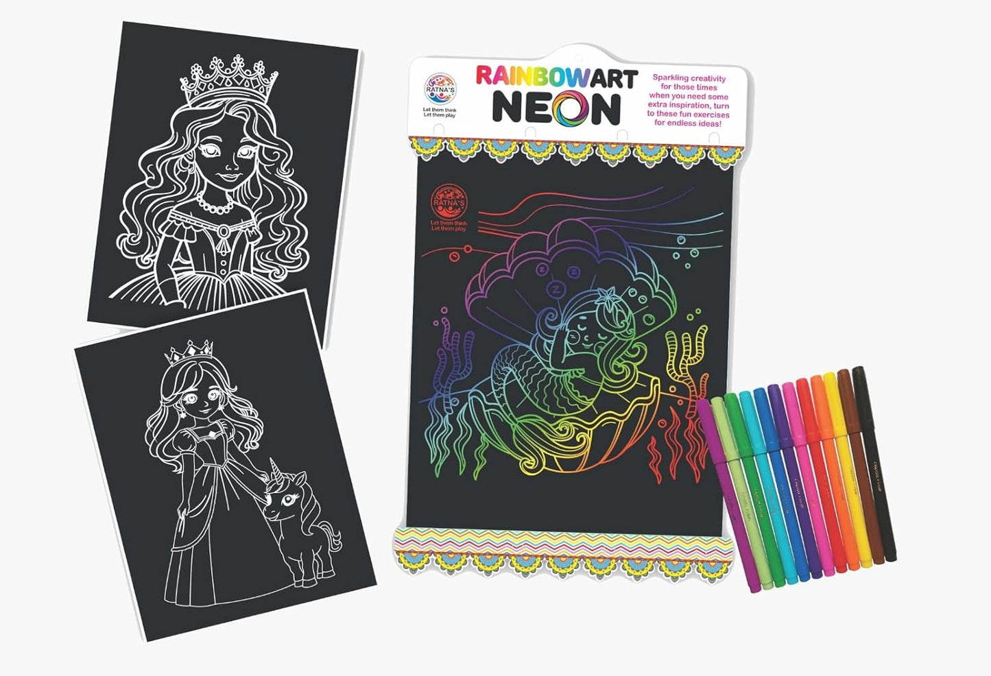 RELOSTA RainbowArt Neon Colors Creative Coloring Kit with 20 Sheets and 12 Sketch Pens, 35x27.5cm Sheets - Creative Coloring Fun for All Ages