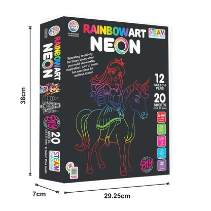 RELOSTA RainbowArt Neon Colors Creative Coloring Kit with 20 Sheets and 12 Sketch Pens, 35x27.5cm Sheets - Creative Coloring Fun for All Ages