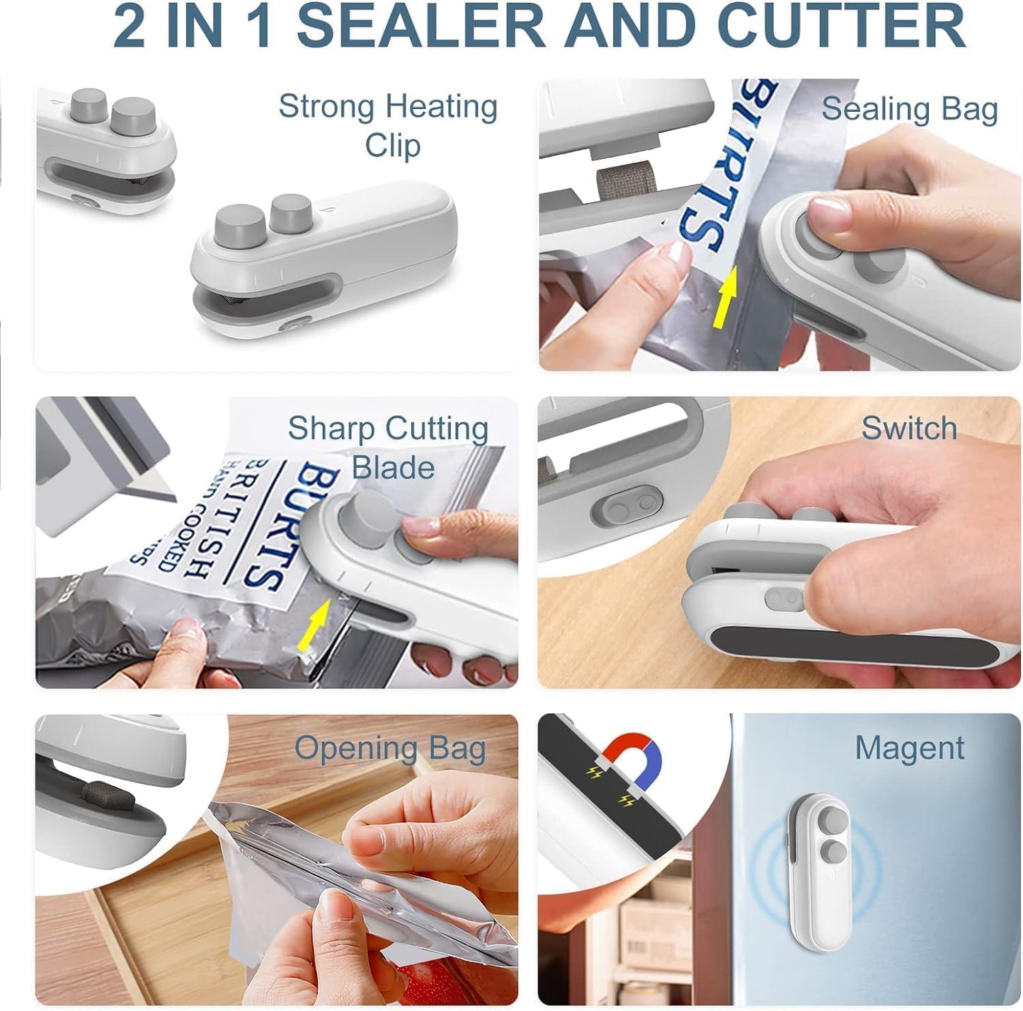 RELOSTA Portable Mini Sealing Machine 2 in 1 USB Rechargeable Magnetic Bag Sealer Heat Seal with Cutter, Plastic Bags Packing Machine Home Appliances