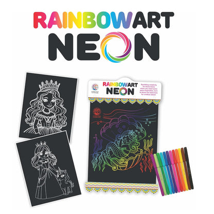 RELOSTA RainbowArt Neon Colors Creative Coloring Kit with 20 Sheets and 12 Sketch Pens, 35x27.5cm Sheets - Creative Coloring Fun for All Ages