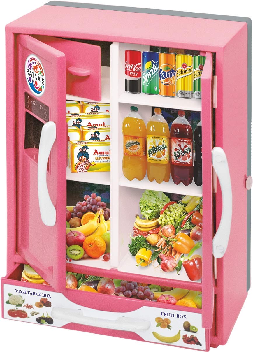 RELOSTA Plastic Toy Refrigerator Role Play Household Kitchen Appliance Miniature Toy for Kids, Pink