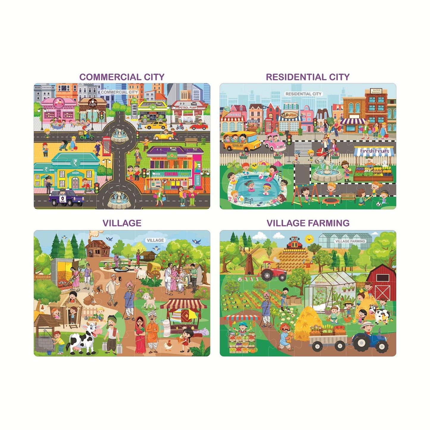 RELOSTA 4 in 1 City & Village Life Jigsaw Puzzle for Kids. 4 Jigsaw Puzzles with 35 Pieces Each (Commercial City, Residential City, Village & Village Farming)