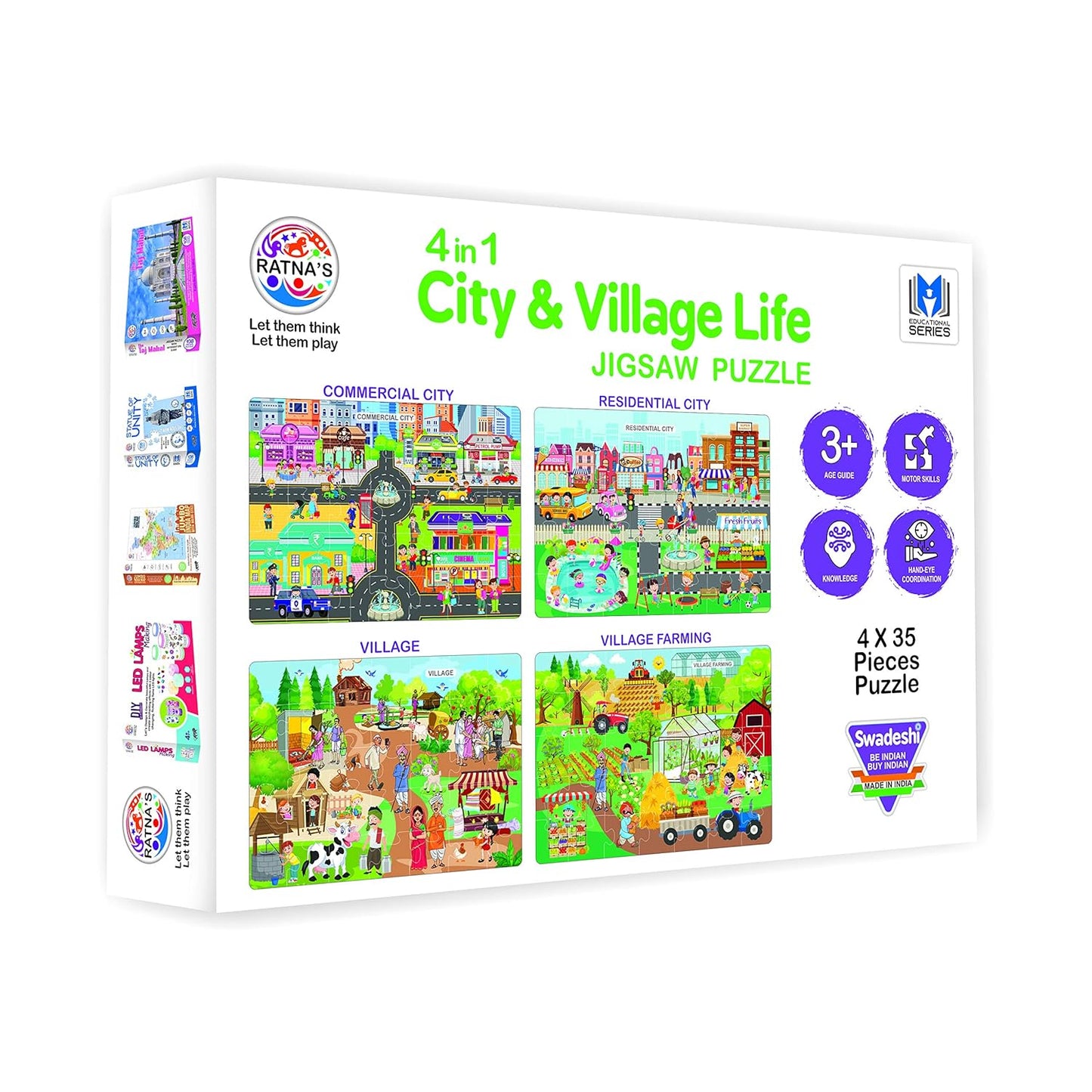 RELOSTA 4 in 1 City & Village Life Jigsaw Puzzle for Kids. 4 Jigsaw Puzzles with 35 Pieces Each (Commercial City, Residential City, Village & Village Farming)