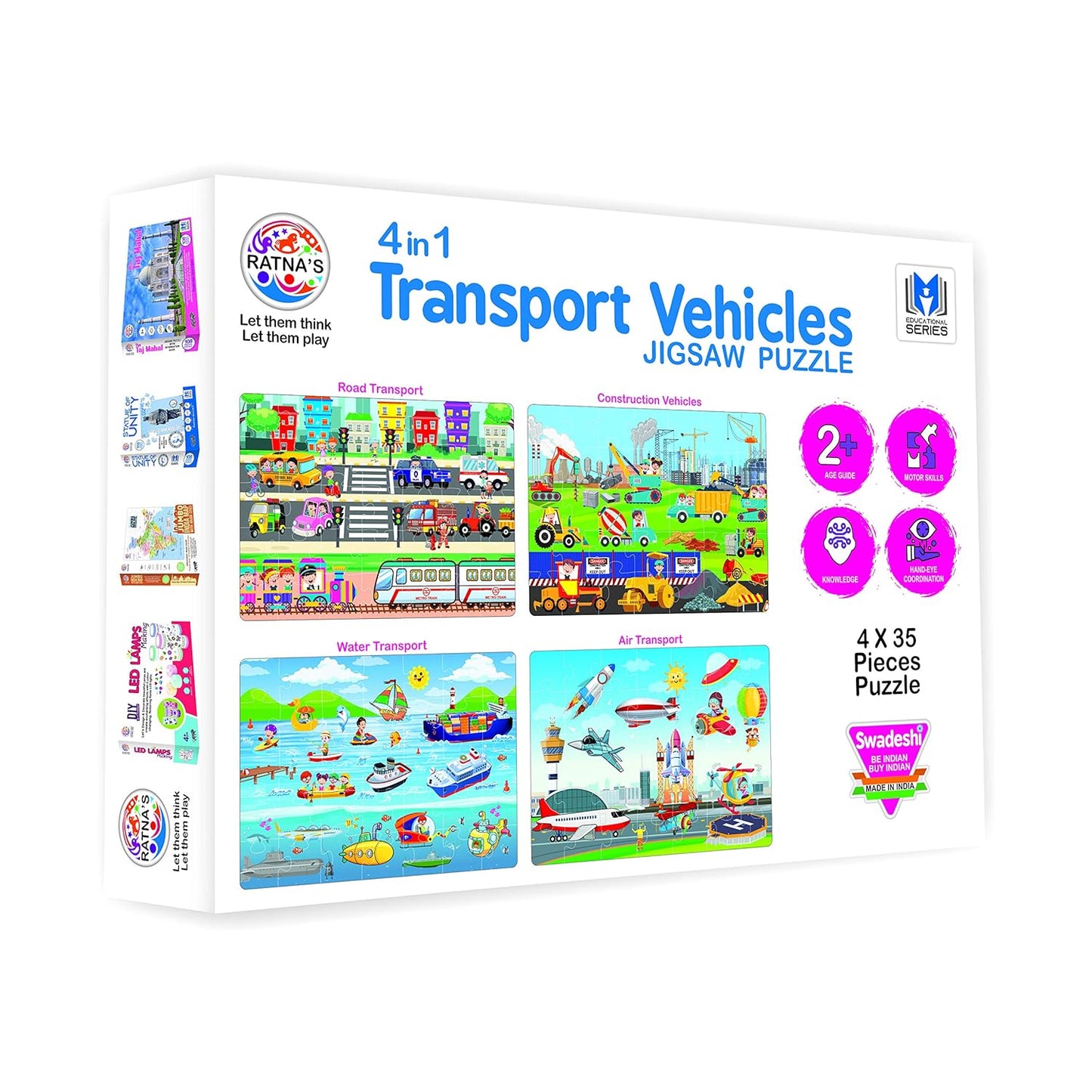 RELOSTA 4 in 1 Transport Vehicles Jigsaw Puzzle for Kids. 4 Puzzles 35 Pieces Each (Road Transport, Water Transport, Air Transport & Construction Vehicles)