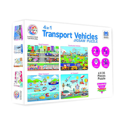 RELOSTA 4 in 1 Transport Vehicles Jigsaw Puzzle for Kids. 4 Puzzles 35 Pieces Each (Road Transport, Water Transport, Air Transport & Construction Vehicles)