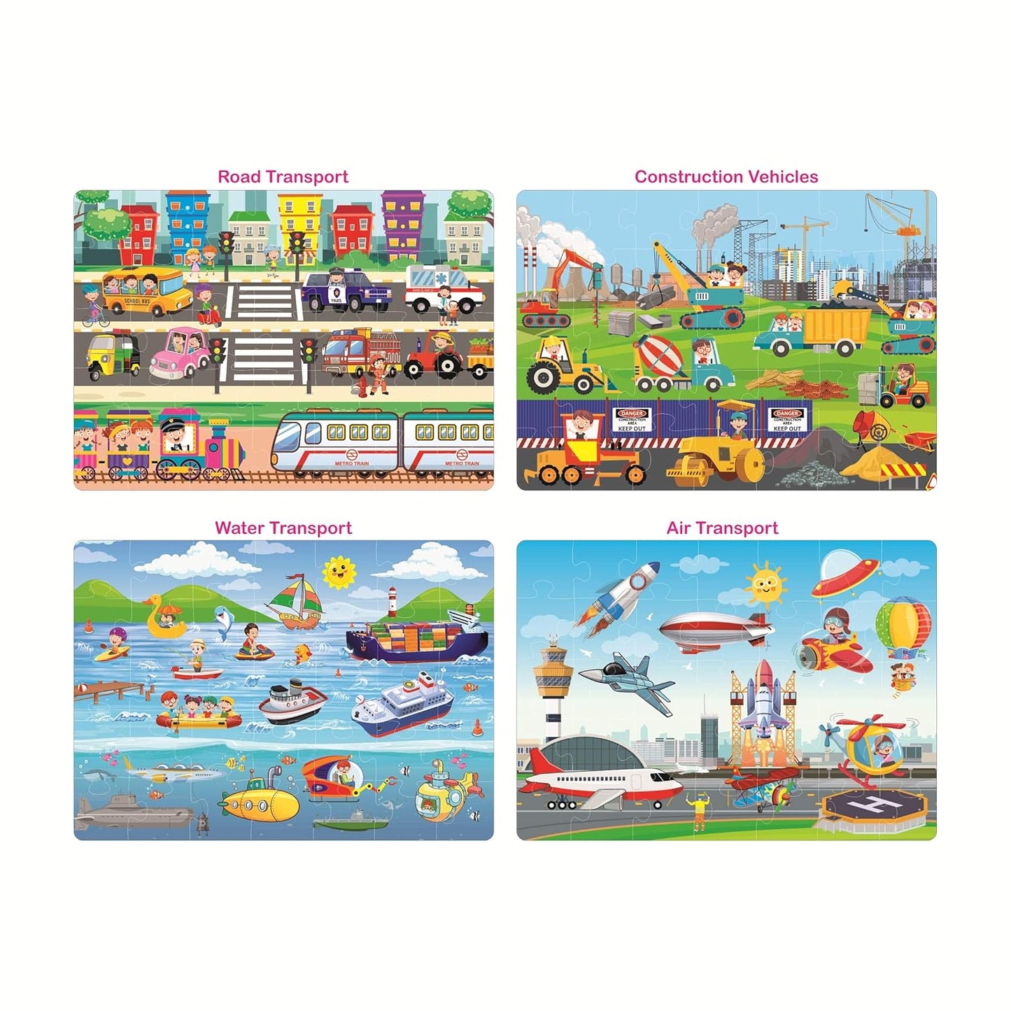 RELOSTA 4 in 1 Transport Vehicles Jigsaw Puzzle for Kids. 4 Puzzles 35 Pieces Each (Road Transport, Water Transport, Air Transport & Construction Vehicles)