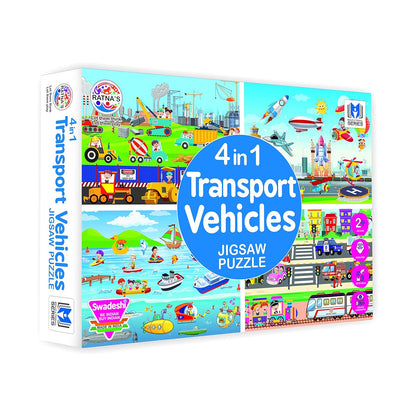 RELOSTA 4 in 1 Transport Vehicles Jigsaw Puzzle for Kids. 4 Puzzles 35 Pieces Each (Road Transport, Water Transport, Air Transport & Construction Vehicles)