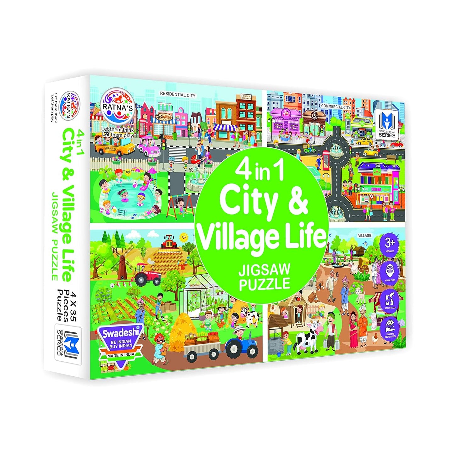 RELOSTA 4 in 1 City & Village Life Jigsaw Puzzle for Kids. 4 Jigsaw Puzzles with 35 Pieces Each (Commercial City, Residential City, Village & Village Farming)