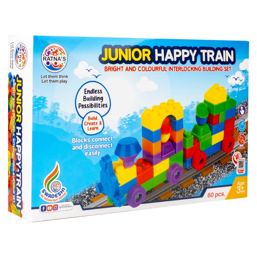 RELOSTA  Happy Train Junior Construction Set with Bright & Colourful Interlocking Building Blocks 60 pcs for Kids Ages 3+