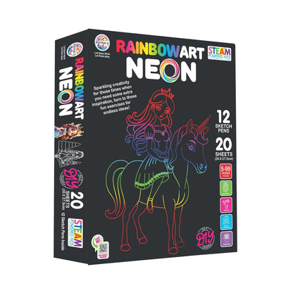 RELOSTA RainbowArt Neon Colors Creative Coloring Kit with 20 Sheets and 12 Sketch Pens, 35x27.5cm Sheets - Creative Coloring Fun for All Ages